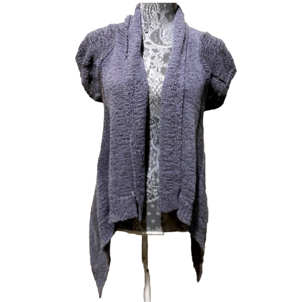 Elena Solano 1X Gray Waterfall Cardigan Open Knit Draped Sweater Short Sleeves